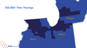 Map showing Illinois, Indiana, and Michigan and the number of fiber passings Surf has achieved to date.