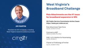 West Virginia's Broadband Challenges Listed and Jim Martin's headshot.
